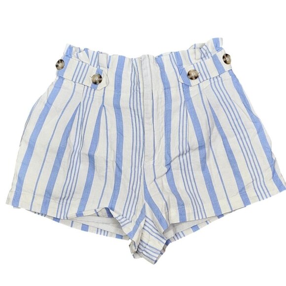 Forever 21 Blue White Shorts Zipper Elastic Pockets Linen High Waist Size Small - Picture 11 of 11